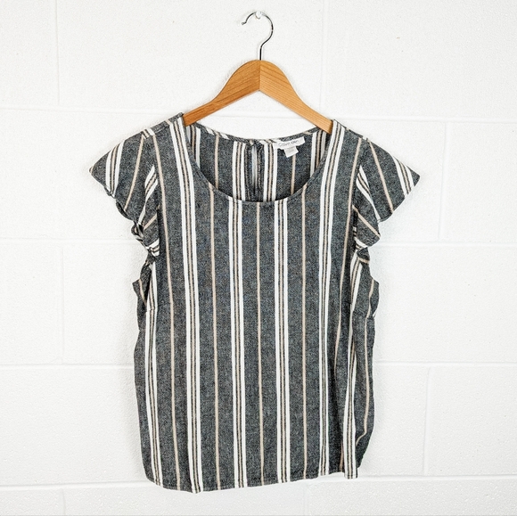 2/$30 Linen Blend Calvin Klein blouse short flutter sleeves summer tee stripe - Picture 2 of 9